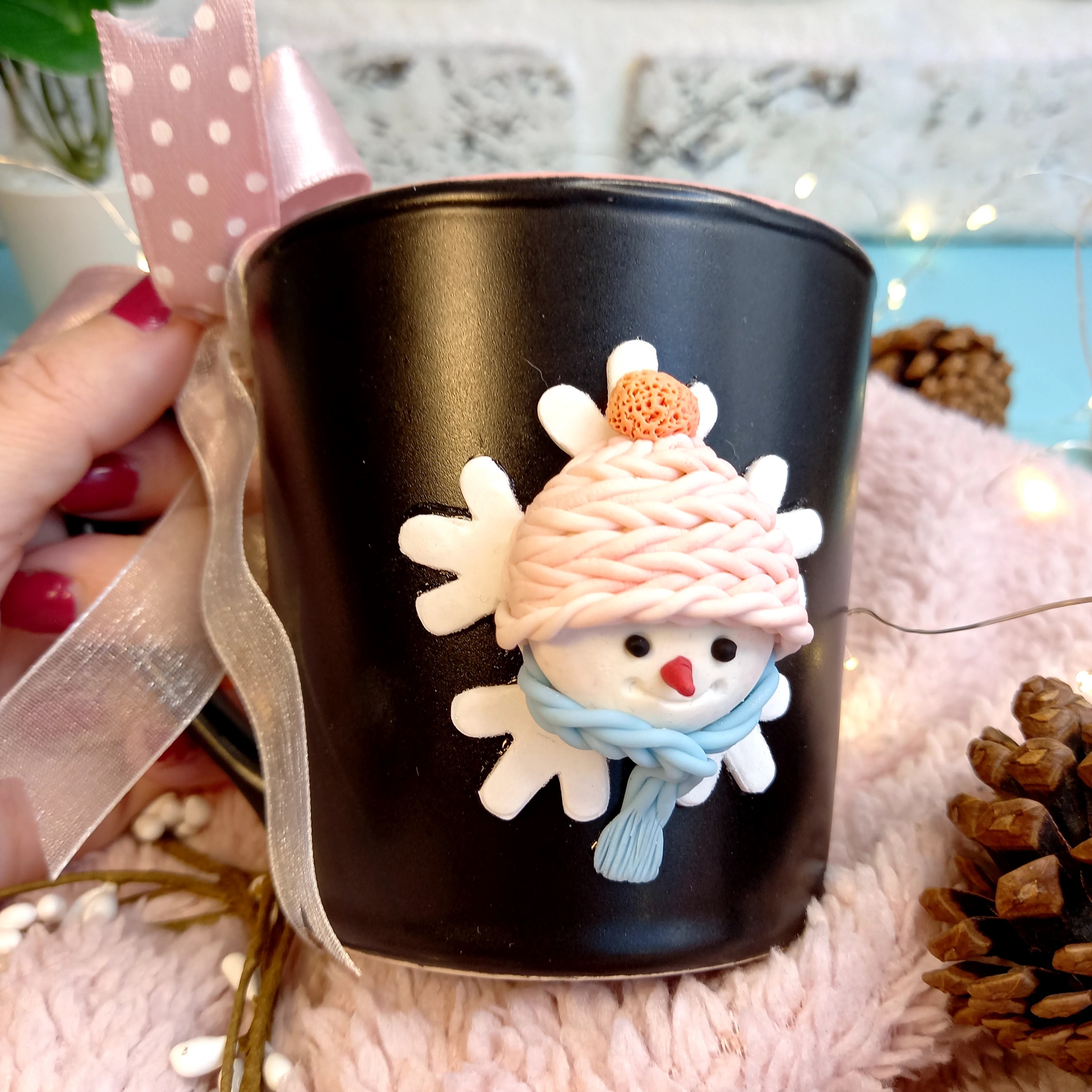 Polymer Clay Coffee Mug, Snowman Ceramic Tea Mug, Special