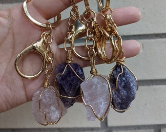 Amethyst Rose Quartz Keychain - Large Gemstone Key Ring - Natural Stone Healing Crystals Purple Protection Good Luck Bag Charm