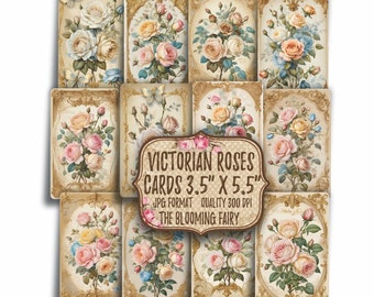 Cartões ATC com rosas vitorianas vintage, estilo shabby chic (download digital)