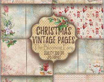 Puede incluir: Un collage de páginas vintage con temática navideña con un aspecto envejecido y desgastado. Las páginas presentan ilustraciones de renos, gnomos y arreglos florales. La etiqueta central dice "Christmas Vintage Pages" con texto adicional.