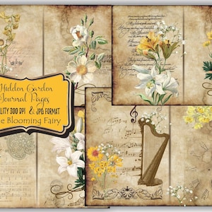 Secret Yellow Garden, Shabby Yellow Pages Kit, Junk Journal Kit, Hidden Garden, Printable Paper, Digital Download Kit, Vintage Ephemera