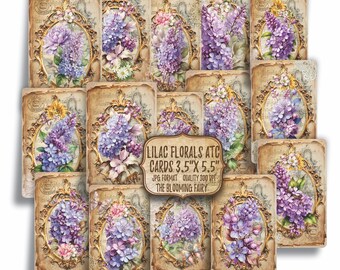 May include: A set of 16 printable digital collage sheets featuring lilac floral designs in gold frames on a vintage background. The text "Lilac Florals ATC Cards 3.5" x 5.5" JPG Format Quality 300 DPI The Blooming Fairy" is printed on the bottom of the sheet.