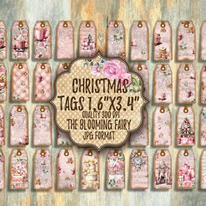 May include: A collection of Christmas gift tags, each with a unique design featuring floral and holiday motifs in shades of pink and cream. The tags are 1.6" x 3.4" and the image includes the text "Christmas Tags" and "The Blooming Fairy".