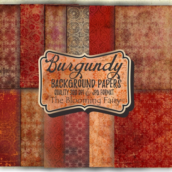 Burgundy Backgrounds DIGITAL Papers, Bordeaux Journal Pages, Shabby Scrapbook Backgrounds, Grunge Pages Kit,  Burgundy Junk Journal Pages