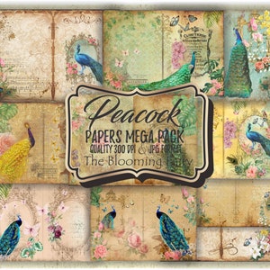 Pages de journal de jardin de paon lunatique, paquet de papier de paon, papier de scrapbooking, kit de pages de paon grunge, kit de journal indésirable, pack de papier numérique