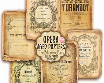 May include: A collection of aged opera posters with a vintage aesthetic. The posters feature faded colors, ornate fonts, and musical notations. The image includes text such as "Turandot" and "Mozart Symphonie Nr. 40". The Blooming Fairy logo is also visible.