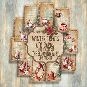Winter Treats and Birds ATC Cards, ATC Digital Ephemeras, ATC Cards Whimsical, Book Embellishments, Digital Download Cards, Vintage  Cards