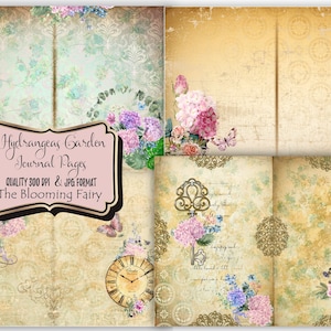 Hortensia's Garden Journal Pages, Grunge Hortensia Pages Kit, Junk Journal Kit, Hortensia's Garden, Printable Paper, Digital Download Kit