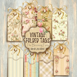 Vintage Gefaltete Taschen Printables, Vintage Gefaltete Tags, Blumen Digitale Verzierungen, Junk Journal Ephemera, Digitale Tasche druckbare Tags