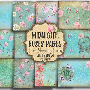Midnight Roses Journal Pages, Turquoise Blue and Roses Journal Papers, Turquoise Green and Flowers pages , Printable Paper, Digital Download