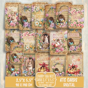 May include: A set of 12 digital printable Easter cards featuring a shabby chic style with pastel colors, floral designs, and bunnies. The cards are 3.5 inches by 5.5 inches and are perfect for adding a touch of spring to your crafts.