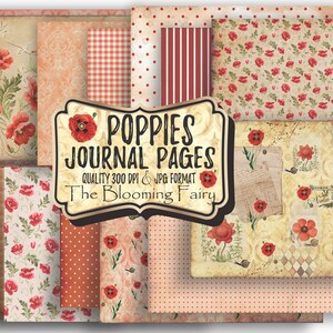 Mohnblumen Journal Seiten, Vintage Mohnblumen Seiten Kit, Junk Journal, Hidden Garden, druckbares Papier, digitaler Download,Vintage Ephemera