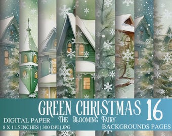 Sfondi natalizi vittoriani verdi per junk journal, carta invernale shabby chic