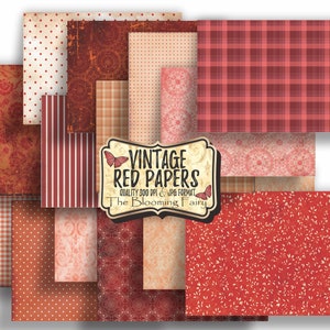 Papiers rouges vintage, pages de journal indésirable, arrière-plans de scrapbooking minable, feuilles numériques à téléchargement immédiat, papiers rouges de 8,5 x 11 pouces