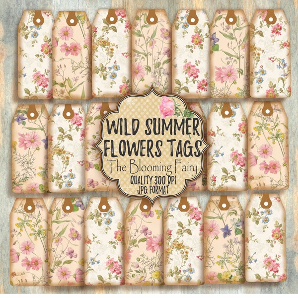 Wild Summer Flower Tags, DIGITAL Whimsical Embelishments, Wild Flower Tags, Vintage Junk Journal Ephemera, Digital  Download Tags,Printables