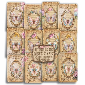 Cartes ATC papillons, papillons fantaisistes ATC 3,5 x 5,5 pouces, embellissements opulence victoriens, éphémères papillons vintage, numériques ATC