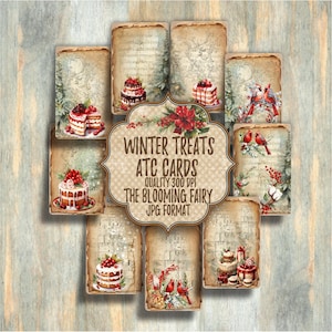 Winter Treats ATC Cards Printable, ATC Digital Ephemeras, ATC Cards Whimsical, Book Embellishments, Digital Download Cards, Vintage  Cards