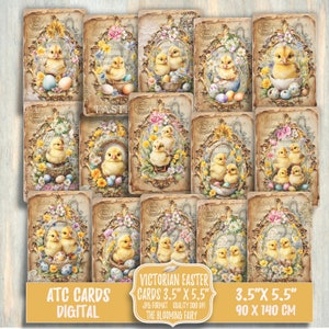 Puede incluir: Conjunto de 12 tarjetas ATC digitales imprimibles con ilustraciones de estilo vintage de pollitos en nidos con huevos de Pascua. Las tarjetas miden 8,9 cm por 14 cm y son perfectas para scrapbooking, creación de tarjetas y otros proyectos de manualidades.