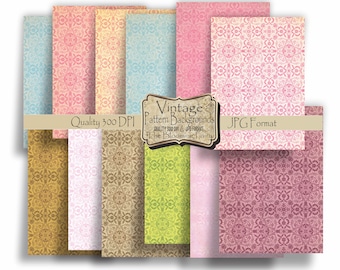 May include: A set of ten digital paper backgrounds featuring a vintage floral pattern in various colors, including pink, blue, green, brown, and white. The papers are 300 DPI and in JPG format. The text "Vintage Pattern Backgrounds" is displayed on a label.