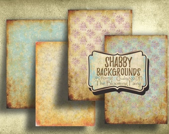 May include: Four digital paper backgrounds in a shabby chic style. The backgrounds feature different patterns and textures, including floral, damask, and distressed. The text "SHABBY BACKGROUNDS" is displayed in a brown banner with the text "JPG Format Quality 300 DPI The Blooming Fairy" below it.