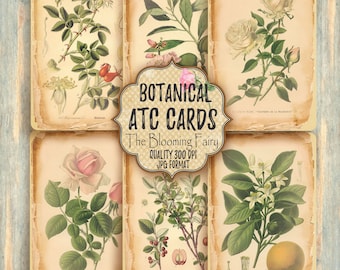 Botanical ATC Cards, Aged Ephemera, Collage Sheets (Digital Download)