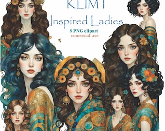 Klimt Damer Clipart, Elegant Porträtt PNG, Illustration (Digital Nedladdning)