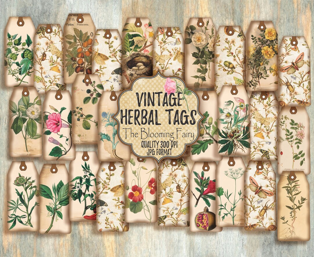 Vintage Herbal Tags, Botanical Junk Journal Embellishments (digital ...