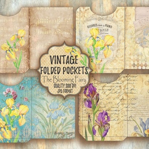 May include: Vintage folded pockets with floral and botanical illustrations. The pockets feature watercolor paintings of irises in yellow, purple, and blue, with text overlays and musical notes. The design includes the text "Vintage Folded Pockets" and "The Blooming Fairy".