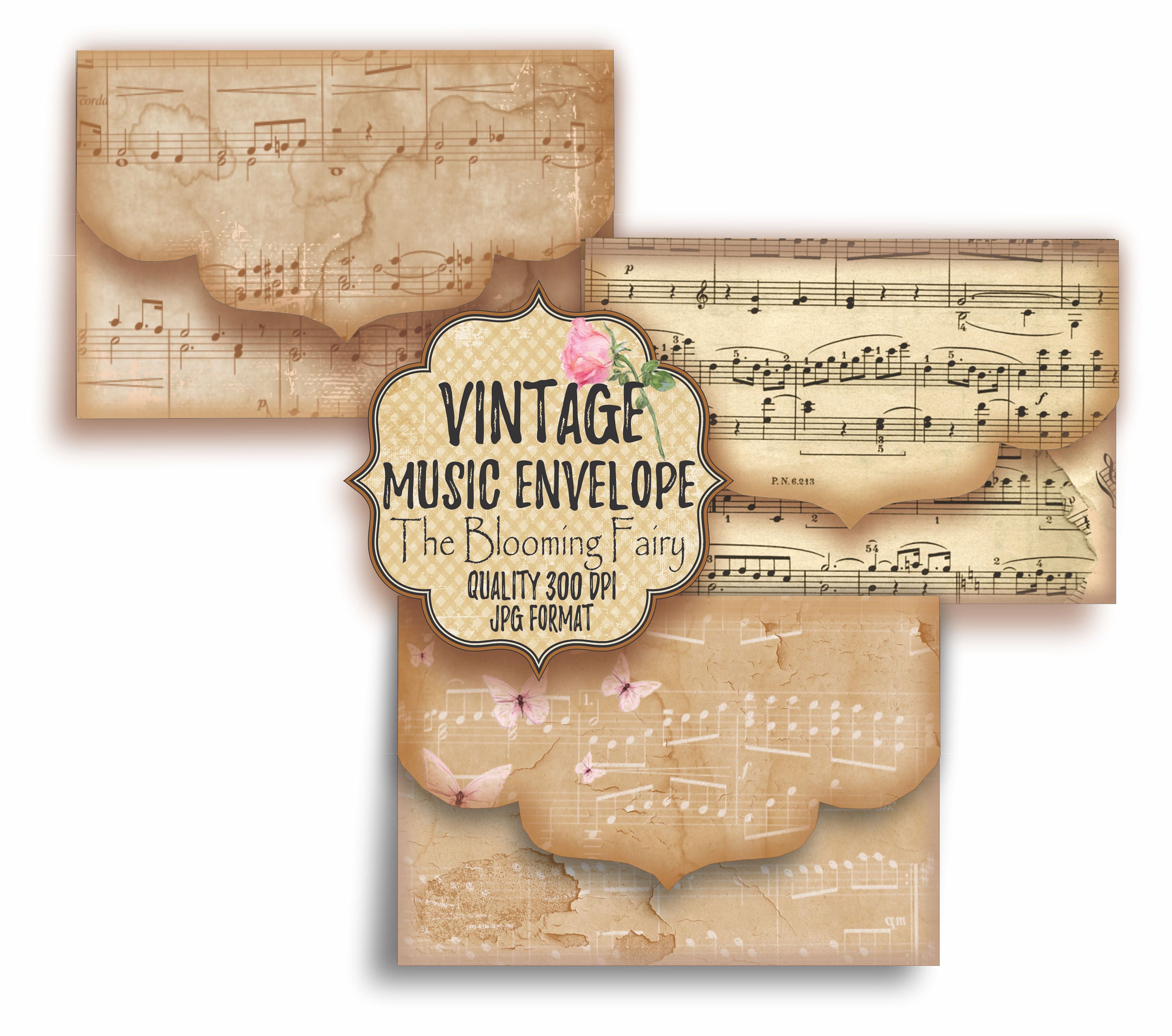 Vintage Music Envelopes, Journal Embellishments, Digital Envelopes