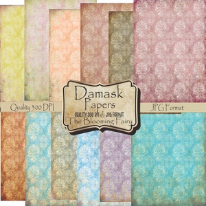 Sfondi damascati antichi, carte damascate, carte damascate squallide, carta scrapbook, pagine damascate, pagine di diario spazzatura, pacchetto di carta digitale