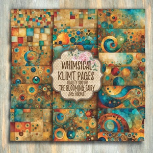 May include: A digital paper pack with 12 whimsical digital papers featuring abstract geometric patterns in shades of gold, blue, green, and red. The papers are 300 DPI and in JPG format. The text "Whimsical Klimt Pages" is on the image.