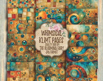 Whimsical Klimt Digital Paper Pack, Collage Backgrounds (Digital Download)
