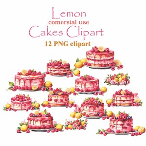 Puede incluir: Doce ilustraciones de acuarela de tartas de limón rosa y blanco decoradas con frambuesas y arándanos. Las tartas están en platos blancos con limones y flores alrededor.  Lemon Cakes Clipart 12 PNG clipart.
