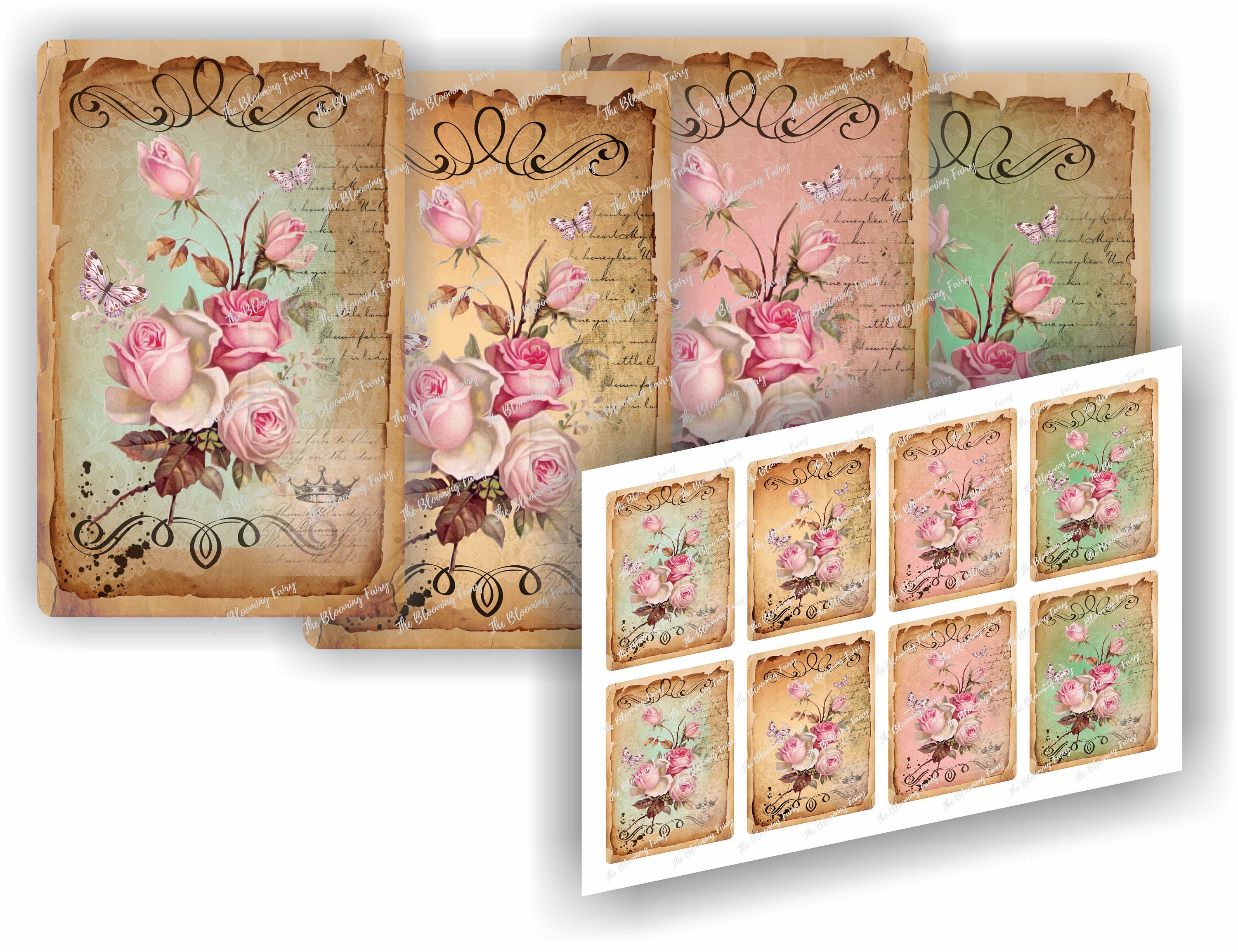 Pink Roses Cards, Vintage Roses Cards, Vintage Floral Tags, Junk ...