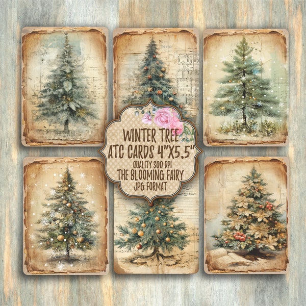 Winter Tree ATC Cards Printable, ATC Digital Ephemeras, ATC Cards Whimsical, Book Embellishments, Digital Download Cards, Vintage  Cards