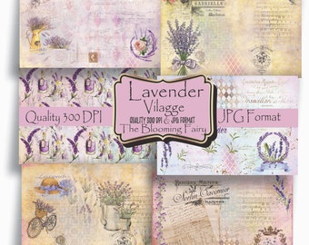 May include: A digital collage of lavender-themed images, including a bouquet of lavender, a bottle of lavender oil, and a vintage-style label with the text "Lavender Vilagge, Quality 300 DPI & JPG Format, The Blooming Fairy".