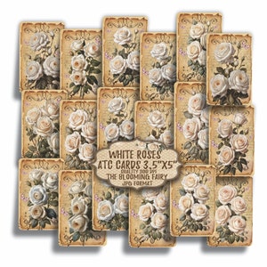 Weiße Rosen ATC Karten, Shabby viktorianische ATC, viktorianische weiße Rosen Journal Verzierungen, Vintage Rosen Ephemeras, druckbare ATC Digitals