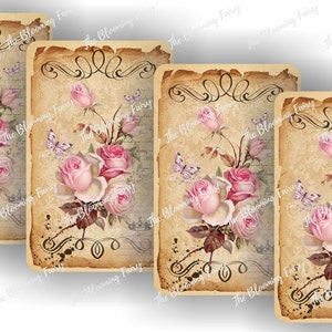 Pink Roses Cards, Vintage Roses Cards, Vintage Floral Tags, Junk Journal Roses Cards, Digital Collage Sheet Downloads, Digital Paper
