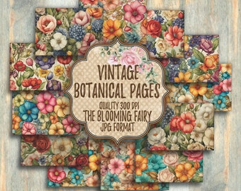 Vintage botanische ongewenste dagboekpagina's, shabby chic bloemen (digitale download)