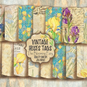 Könnte beinhalten: Satz von zehn Vintage-Iris-Blumen-Etiketten in verschiedenen Farben und Mustern. Die Etiketten sind mit einem abgenutzten, antiken Look gestaltet und weisen handschriftlichen Text auf. Die Etiketten sind perfekt, um Ihren Bastelarbeiten und Projekten einen Hauch von Vintage-Charme zu verleihen.