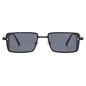May include: Rectangular sunglasses with a black frame and dark gray lenses. The frame features a textured design on the temples. The sunglasses have a minimalist, modern aesthetic.