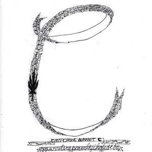 May include: A black and white illustration of the letter C in a cursive font. The letter is made up of a series of interconnected lines and curves. The letter is surrounded by a border that says "Curvy Cursive Alphabet C". Below the letter is a banner that says "abcdefghijklmnopqrstuvwxyz".