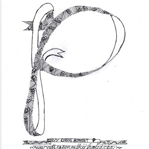 May include: A black and white illustration of the letter "P" in a cursive font. The letter is filled with a pattern of diagonal lines. The text "CURVY CURSIVE ALPHABET: P" is written below the letter. The text "zyxw vutsrqponmlkjihgfedcba" is written below the first line of text.