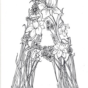 May include: A black and white line drawing of the letter A formed by flowers and leaves. The letter is surrounded by various flowers, including daffodils, roses, and irises.