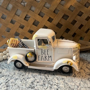 Bee truck | metal truck | white distressed truck | tiered tray decor | bee decor | summer decor farmhouse decor