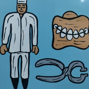 May include: A cartoon illustration of a dentist with a white coat and a pair of pliers. The dentist is standing next to a set of teeth. The background is blue.