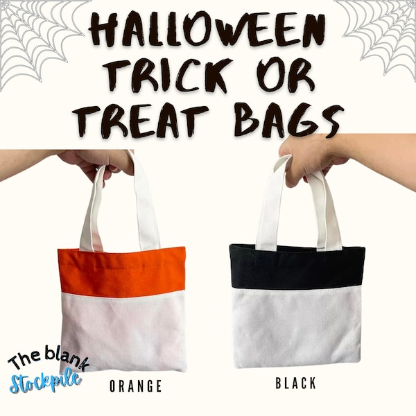 Sublimation Halloween Trick ou Treat Tote Bags| Noir ou Orange| Sacs de bonbons personnalisés| Sublimation Blank | Panier d’Halloween| 2 Couleurs