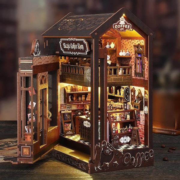 Coffee Shop Book Nook Kit: 3D Wooden Puzzle with LED Lights