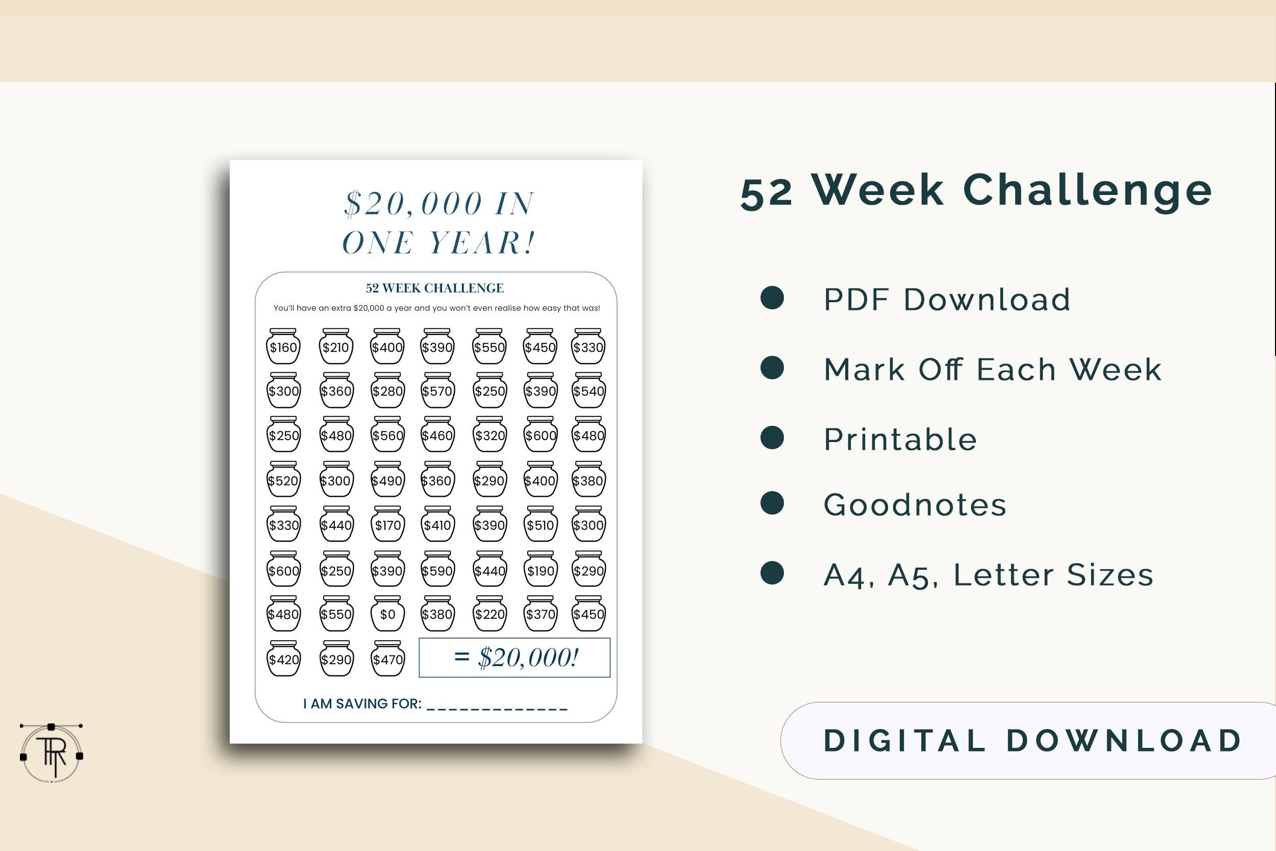 Money Challenge Save 20K in 52 Weeks printable PDF, Money Challenge, Money  Saving Challenge, Savings Challenge, Save 20000 -  Canada