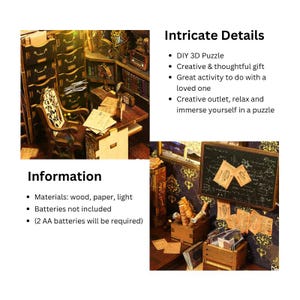 May include: A detailed miniature 3D wooden puzzle of a library interior. The scene features a desk, chair, and bookshelves filled with tiny books and objects. The image includes text that says "Intricate Details" and "Information".